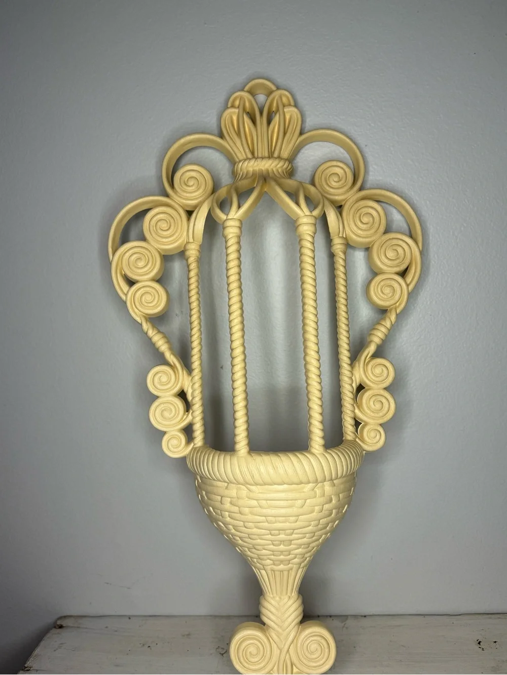 VTG 1972 Burwood #1628 Faux Wicker Rattan White Wall Pocket Sconce Planter